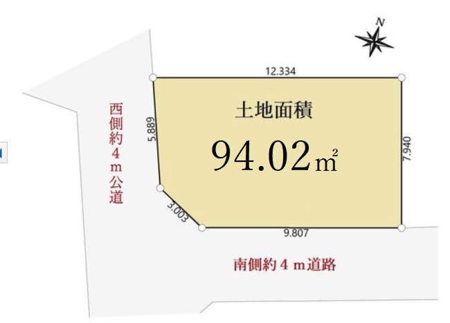 練馬区石神井台8丁目 限定1棟の区画図|南側約4ｍ道路×西側約4ｍ公道に面する南西角地の整形地
光と風を享受する心地よい立地