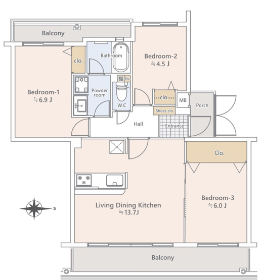 【間取り】 | 67.57㎡、3LDK。使いやすい間取りで個人のプライベートの確保も出来ます