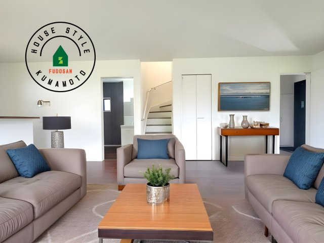 宇城市小川町北新田第1-2棟（1号棟）　の居間・リビング|キッチンからリビングをしっかり確認できます。家族の笑顔があふれる空間になりそうですね。※家具はCGを合成したものです。