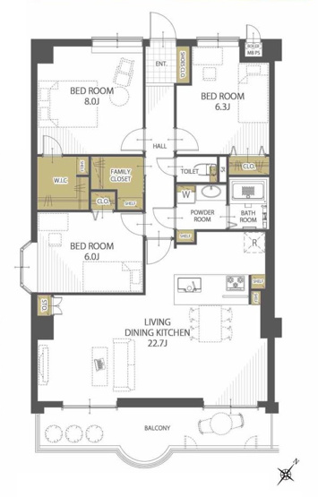 【間取り】 | スワンマンション空港南 | 90平米超えスペースをぜいたくに使った3LDKです。キッチンは約22帖の広さがあり、ホームパーティーなども楽しめます。収納も充実しているので居住スペースをスッキリと使えます