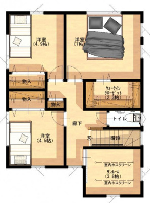  | 中区藤崎2期②号地 | 2階：洋室7帖・4.9帖・4.5帖
サンルーム：3.8帖