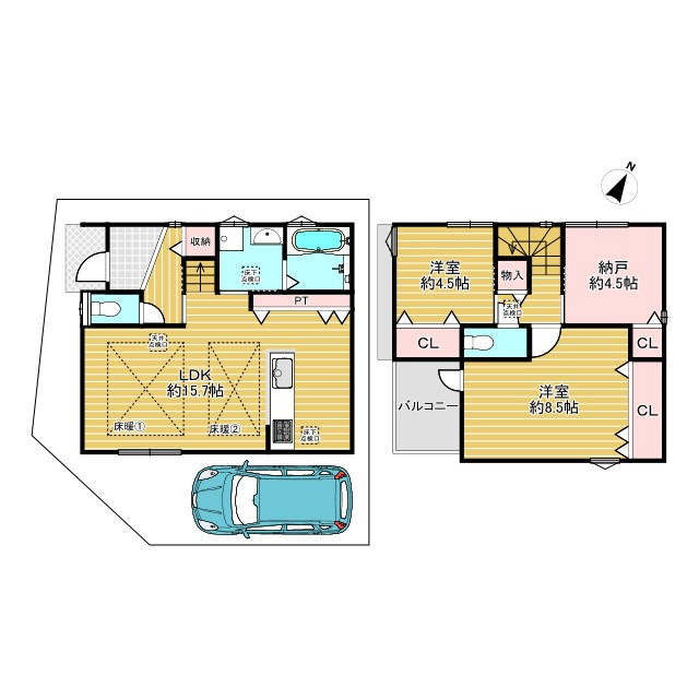 京都市右京区嵯峨蜻蛉尻町の間取り|キッチンからリビングダイニングの家族の様子を伺えるプランです。大きなパントリーが便利にお使いいただけます。２階には8.5帖の広めの洋室もございます！