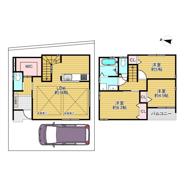 京都市右京区嵯峨蜻蛉尻町の間取り|キッチンからリビングダイニングの家族の様子を伺えるプランです。１階に大きなWCLがございます。また、２階の廊下が少し広くなっておりますので、小さな収納等が設置できます♪