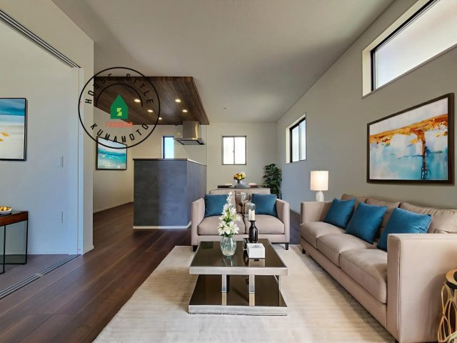 熊本市東区新外3丁目第1-2棟（1号棟）　の居間・リビング|キッチンからリビングをしっかり確認できます。家族の笑顔があふれる空間になりそうですね。