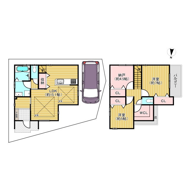 京都市右京区嵯峨蜻蛉尻町の間取り|２階の大きなWCLが便利にお使いいただけます♪敷地内に空きスペースがありますので、自転車やバイク等を停めやすくなっております♪