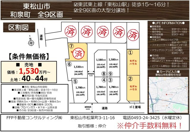 【仲介手数料無料】売地　東松山市和泉町6（全9区画）の区画図