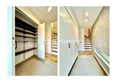 【玄関】 | 葛飾区青戸5丁目新築分譲住宅 | 【玄関】玄関には大型のシューズクローゼットを設置しておりますのでいつでもスッキリりとした空間を保てます。玄関周りを清潔に使うのはとても大事なことですよね。