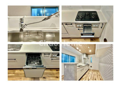 【キッチン】 | 葛飾区青戸5丁目新築分譲住宅 | 【システムキッチン】ワイドで収納豊富な使い勝手の良いカウンターキッチンには、食洗器や伸縮タイプのキッチン水栓、三ツ口コンロ・魚焼きグリルなどの便利な設備が標準完備されています。