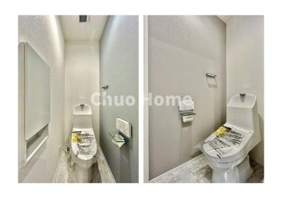 【トイレ】 | 葛飾区青戸5丁目新築分譲住宅 | 【トイレ】 収納スペースをしっかりと確保した温水洗浄便座機能付きトイレ。温水洗浄便座は清潔にお使いいただくための大切なアイテムです。