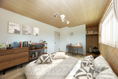 【寝室】 | ライフフィールド岸城町　1号地 | 洋室7.6帖。大型ベッドも設置可能でご夫婦の寝室にも！大きなベッドでお子様も一緒にお休みになれます。※実際の室内写真にCGで家具等を配置しております。
