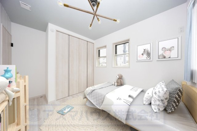 【洋室】 | ライフフィールド岸城町　1号地 | 全居室が二面採光を確保しました！風通しが良く、個々で過ごすプライベート空間も快適にお過ごしいただけます。※実際の室内写真にCGで家具等を配置しております。
