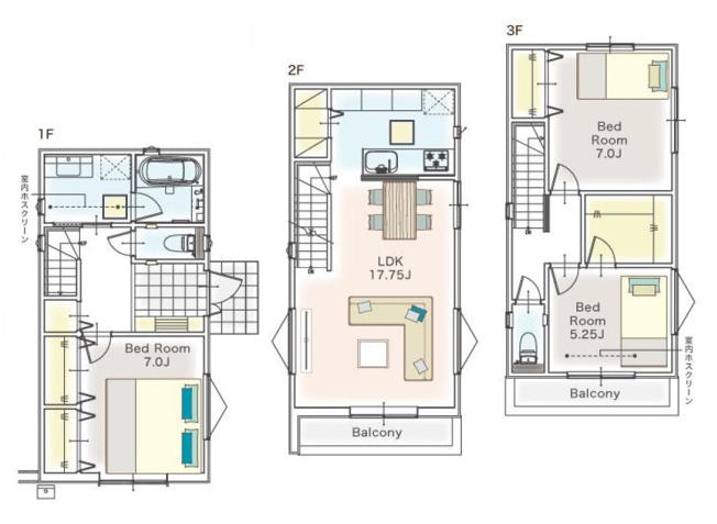 【間取り】 | 新座市大和田5丁目　未入居一戸建住宅　(志木本店) | 7帖2部屋やLDK17.7帖などゆとりある住空間。
リビングは外からの視線が気にならない2階部分なので家族のプライバシーも守れます。
