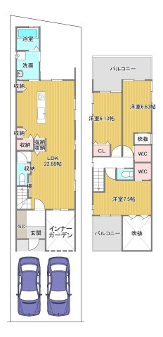 【土地図＋建物プラン例】 | 西京区松尾大利町 | 土地4180万円　建物2500万円/延床面積：99.23㎡
建築確認申請費用50万円(税込)別途要　外構費50万円(税込)別途要