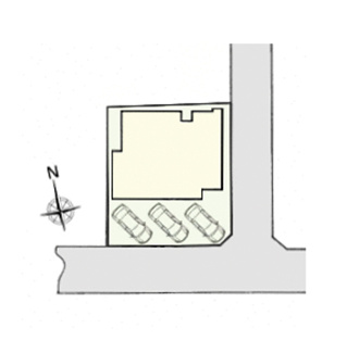 【区画図】 | 甲府市飯田2丁目 中古戸建 南東角地 都市ガス 車3台駐車可 | 南東角地　前面道路：南4.4ｍ(公道)・東3.6ｍ(公道)　車3台駐車可能