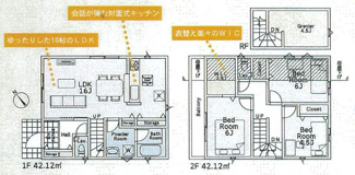 【間取り】 | 綾瀬市綾西2丁目  2号棟 第14 | 都市ガス　浴室乾燥機+窓　ピッキング対策付玄関ドア　防犯カメラ（利用時Wifi接続必要）　WIC　屋根裏収納
