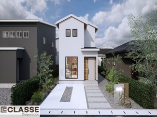 【完成予想図】 | 宇治市広野町宮谷1期　売土地　建築条件付き　 | 参考プランになりますので、お客様のお好みの外観を一緒に作らせていただきます。外壁には、メンテナンスが楽な光セラを採用しており、汚れがつきにくく、色あせもしにくいのでおススメです！