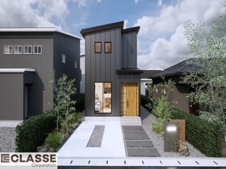 【外観パース】 | 宇治市広野町宮谷1期　売土地　建築条件付き　 | アトリエスタイルハウス仕様の窓はペアガラス、サッシはアルミ×樹脂複合のハイブリットサッシを採用。ガラスの間には断熱性の高いアルゴンガスを充填しておりますので、より断熱性能が高まる仕様になっております