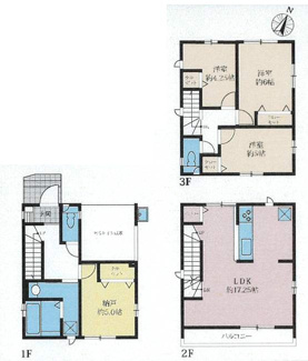 【間取り】 | 座間市相模が丘4丁目  1号棟 8期 | 3階建　都市ガス　南向きバルコニー　LDK17帖以上　パントリー　各居室収納　浴室乾燥機+窓