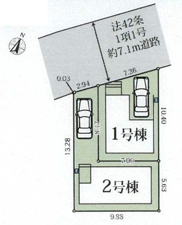 【区画図】 | 座間市相模が丘4丁目  1号棟 8期 | 1号棟　北西側約7.1ｍ公道　駐車1台（ビルトイン・車種によります）