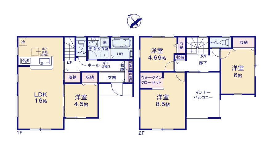 リーブルガーデン  笠間市旭町　第12　4の間取り|　
☆各部屋を最大限に広く使っていただけるよう、全居室に大容量の収納付き！バルコニーに面した2階ホールも明るく自由な空間。段差のないオールフローリングです。