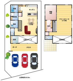 【間取り】 | 岐阜市鏡島南！吹き抜け土間テラスのある新築戸建♪お車ラクラク並列3台可能！無垢フロアー！ | 岐阜市鏡島南！吹き抜け土間テラスのある新築戸建♪お車ラクラク並列3台可能！無垢フロアー！