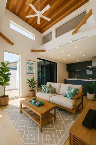 「海と暮らす、家族の未来。」SHONAN STYLEな家～辻堂6丁目の居間・リビング|「吹抜け×シーリングファンで、家中に光と風が巡る心地よさ」
※掲載の家具等は合成したイメージです。実際の室内とは異なります。
