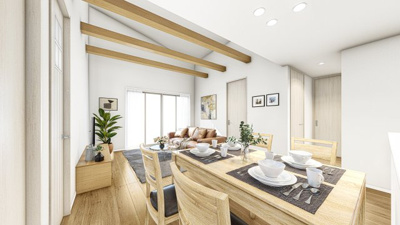 【完成予想図】 | 【HAPPY METER　二階建て施工例イメージパース】
空間のゆとりが、暮らしに心の広がりを。
「広さ」が“使いやすさ”と“心地よさ”の両方を叶える一邸です。
