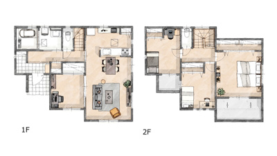 【完成予想図】 | 【HAPPY METER　二階建て施工例イメージパース】
リビングやホールなど幅広い空間設計で移動のしやすさと開放感を両立しています。