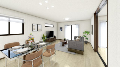 【完成予想図】 | 【HAPPY METER　二階建て施工例イメージパース】
リビングやホールなど幅広い空間設計で移動のしやすさと開放感を両立しています。