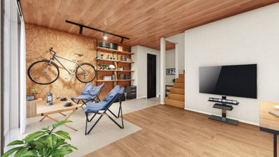 【完成予想図】 | 【猫と暮らす家　施工イメージ】
ずっと一緒には居られない時も、楽しく健やかに過ごしてくれたらいいな。
愛猫との暮らしに安心と充実をもたらす、ねこに優しいパッケージ。
※画像はイメージです