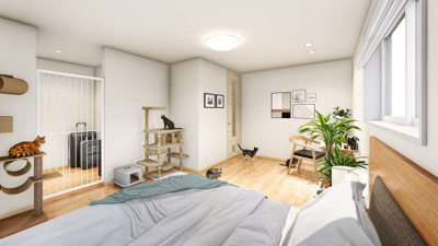 【完成予想図】 | 【猫と暮らす家　施工イメージ】
ずっと一緒には居られない時も、楽しく健やかに過ごしてくれたらいいな。
愛猫との暮らしに安心と充実をもたらす、ねこに優しいパッケージ。
※画像はイメージです