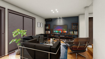 【完成予想図】 | 【鑑賞に没頭する家　施工イメージ】
聞きたい音だけ部屋中に響いて、見たい光しか入らない。
周りを気にせず映画鑑賞や読書に没頭できる、 シアタールームと大きな書棚のあるパッケージ。
※画像はイメージです