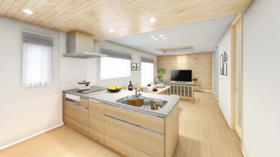 【完成予想図】 | 【無垢材に触れる家　施工イメージ】
裸足で歩く心地よさや、木に囲まれて過ごす豊かさを知って、この家で年を重ねるのも楽しみになっていく。
床、壁、建具などに無垢材を取り入れたパッケージ
※画像はイメージ