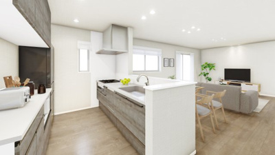 【完成予想図】 | 【家事をラクにする家　施工イメージ】
家事がラクになると、やりたいことがいっぱい浮かんでくる。
掃除しやすいキッチン・浴室や、ガス衣類乾燥機を備えた、生活に優しいパッケージ。
※画像はイメージ