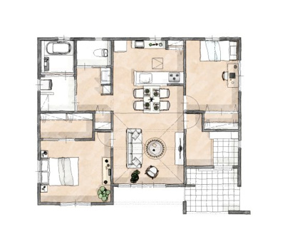 【参考プラン】 | 【HAPPY METER　平屋施工例間取り図】
2～3人家族にぴったりな、コンパクトながら快適性を追求した平屋プラン。