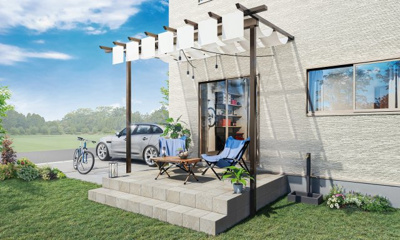 【完成予想図】 | 【アウトドアを楽しむ家　施工イメージ】
約3坪のタイルデッキにパーゴラタイプの屋根がついたアウトドアリビング。バーべキューや星空観察など多目的に使える空間。
※画像はイメージです