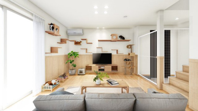 【完成予想図】 | 【猫と暮らす家　施工イメージ】
ずっと一緒には居られない時も、楽しく健やかに過ごしてくれたらいいな。
愛猫との暮らしに安心と充実をもたらす、ねこに優しいパッケージ。
※画像はイメージです