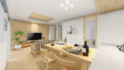 【完成予想図】 | 【無垢材に触れる家　施工イメージ】
裸足で歩く心地よさや、木に囲まれて過ごす豊かさを知って、この家で年を重ねるのも楽しみになっていく。
床、壁、建具などに無垢材を取り入れたパッケージ
※画像はイメージ