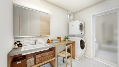 【完成予想図】 | 【家事をラクにする家　施工イメージ】
家事がラクになると、やりたいことがいっぱい浮かんでくる。
掃除しやすいキッチン・浴室や、ガス衣類乾燥機を備えた、生活に優しいパッケージ。
※画像はイメージ