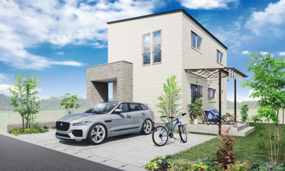 【完成予想図】 | 【プラン例　26坪　二階建て】
商品名：『SODATEL - アウトドアを楽しむ家 -』
本体価格：1365.8万円(税込)
※パッケージオプション250万円含む諸費用が別途掛かります。