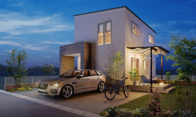 【完成予想図】 | 【プラン例　26坪　二階建て】
商品名：『SODATEL - アウトドアを楽しむ家 -』
本体価格：1365.8万円(税込)
※パッケージオプション250万円含む諸費用が別途掛かります。