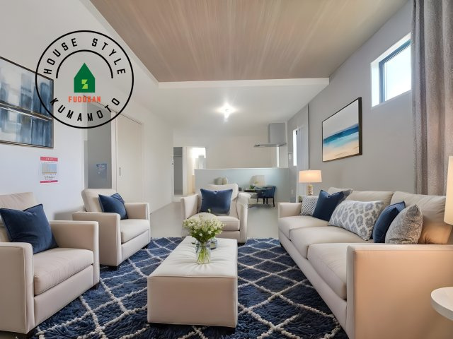 合志市幾久富第1-2棟（1号棟）　の居間・リビング|キッチンからリビングをしっかり確認できます。家族の笑顔があふれる空間になりそうですね。※家具はCGを合成したものです。