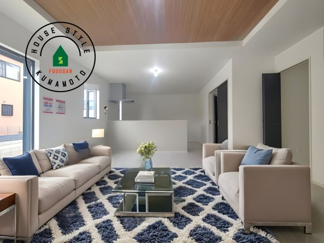 合志市幾久富第1-2棟（2号棟）　の居間・リビング|キッチンからリビングをしっかり確認できます。家族の笑顔があふれる空間になりそうですね。※家具はCGを合成したものです。同仕様写真