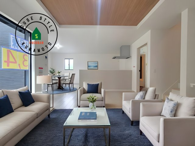 菊池郡大津町大字室第1-3棟（1号棟）　の居間・リビング|キッチンからリビングをしっかり確認できます。家族の笑顔があふれる空間になりそうですね。※家具はCGを合成したものです。