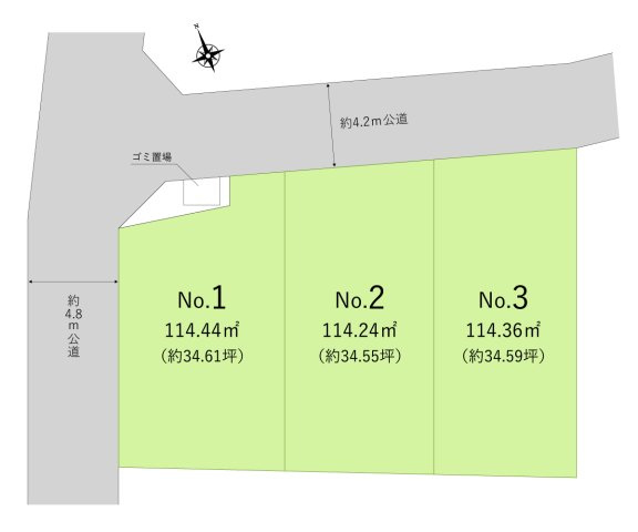 新座市畑中３丁目の売地の土地図|34坪超の土地、全3区画。現況更地につき即建築可能です。
建築条件はありません、お好みのハウスメーカーで建築できます。

資料請求や現地案内など、お気軽にお問い合わせください。