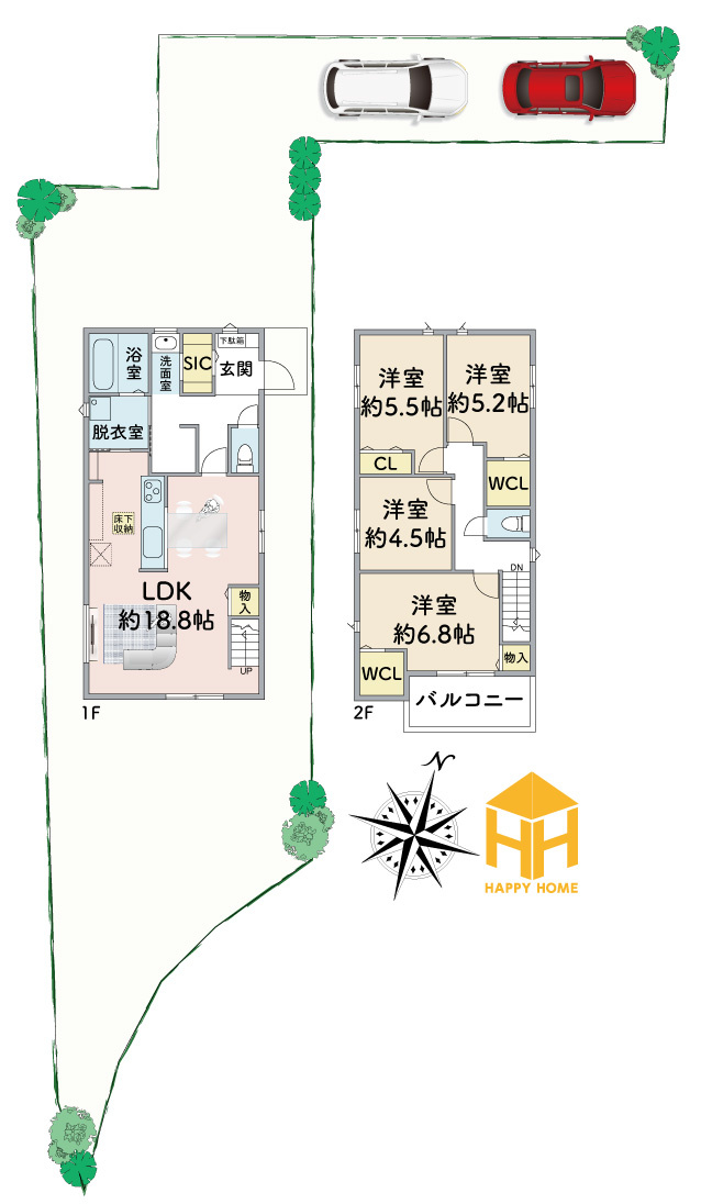宝塚市山本中1丁目建築条件付土地の土地図＋建物プラン例|建物価格：1,760万円
建物面積：100.03㎡
※現況と図面が異なる場合現況を優先いたします。