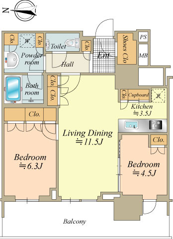 25階部分　62.56㎡の2LDK　西向き