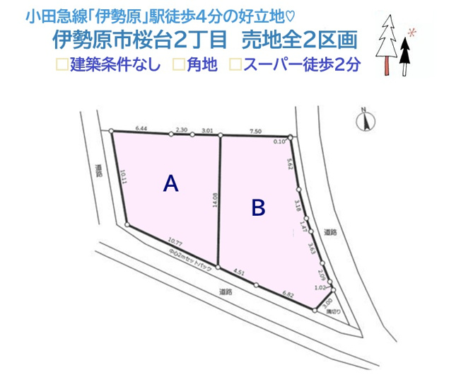 【土地図】 | 朝の通勤・通学楽々！小田急線「伊勢原」駅徒歩４分の好立地◎　
理想の住まいが建てられる「建築条件なし」日照・通風はもちろん！プライバシーが確保できる２方（南・東）角地です♪
