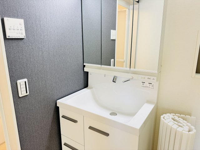 八王子市　富士見町　新築一戸建て　４期の独立洗面台|～３面鏡付きの独立洗面台　細々している物をスッキリ収納出来ます～