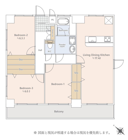 【間取り】 | グレイス相模大野 | 3LDKは、リビングダイニングキッチンと3つの居室がある間取り。ファミリー層に非常に人気の高い間取りで、広々としたリビングで家族団らんを楽しみ、個室でプライベートな時間も確保できるのが大きな魅力です。